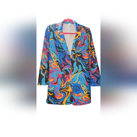 WDIRARA Women's Graphic Print Blazer Button Open Front Long Sleeve Jacket Multic - Picture 8 of 9